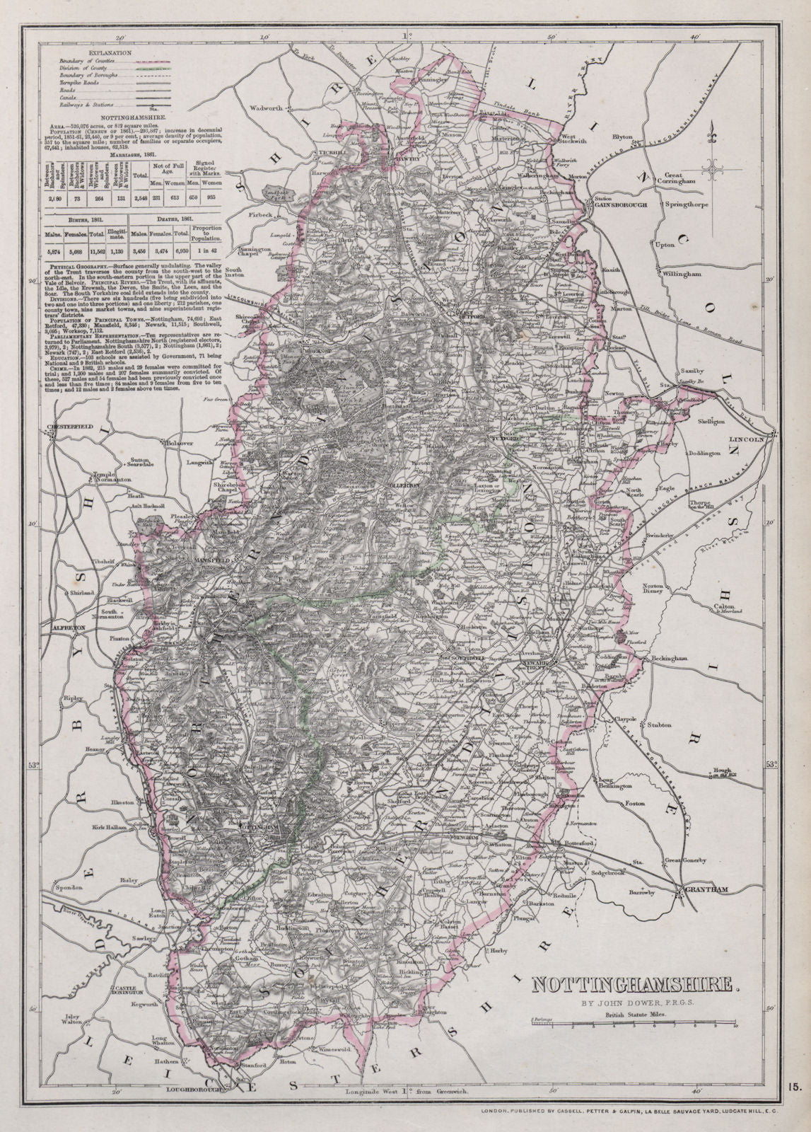 NOTTINGHAMSHIRE. Antique county map. Railways Dukeries. DOWER 1868 old